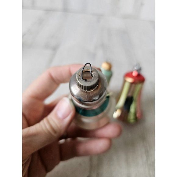 Vintage glass bell striped red green ornament Xmas set - Picture 3 of 14